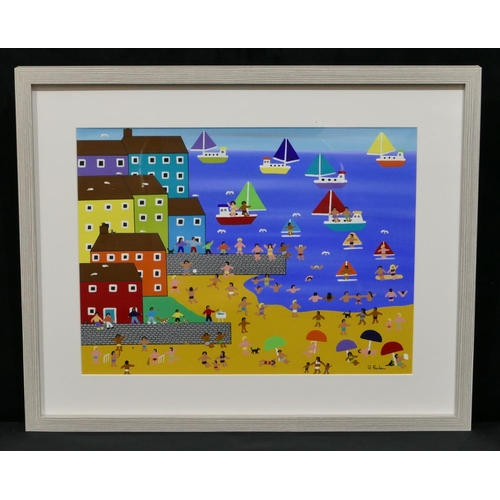 206 - G Barker modern watercolour and gouache depicting a beach scene with various figures near building a... 