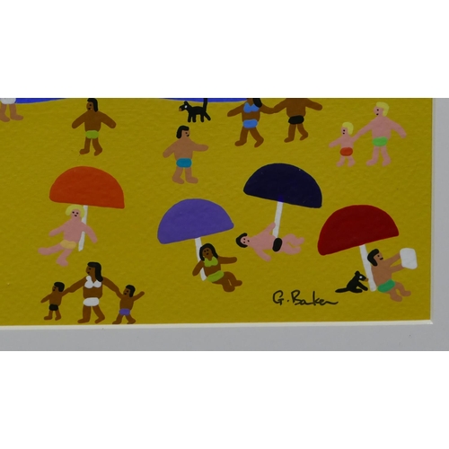 206 - G Barker modern watercolour and gouache depicting a beach scene with various figures near building a... 