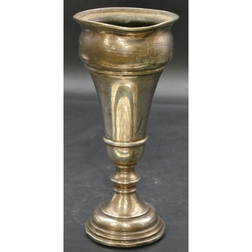 219 - A Birmingham silver round bulbous trumpet shaped spill vase on plated base, 21cm high (dent to rim)