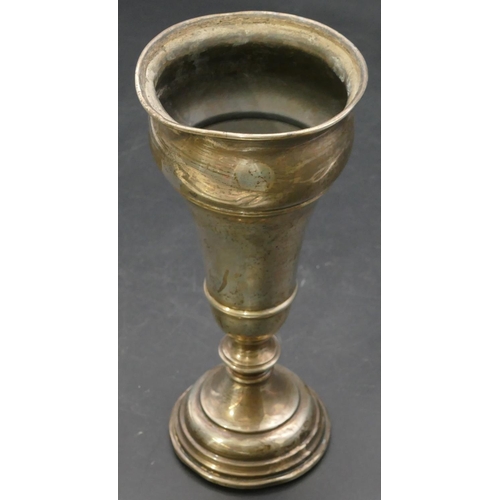 219 - A Birmingham silver round bulbous trumpet shaped spill vase on plated base, 21cm high (dent to rim)