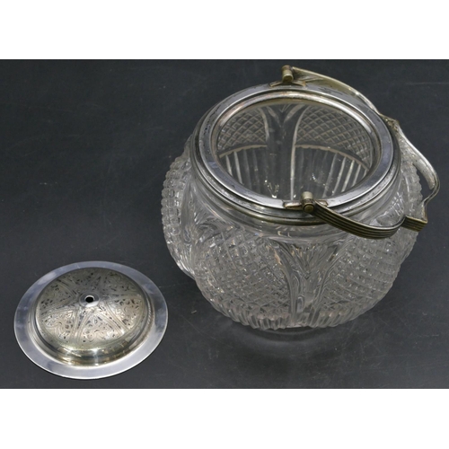 225 - A cut-glass round bulbous shaped biscuit barrel with silver plated neck, cover and swing overhead ha... 