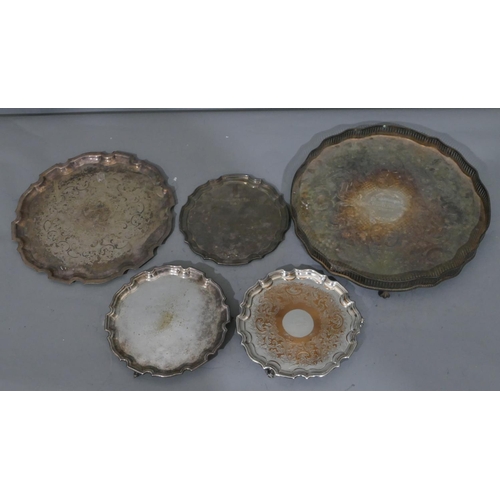 232 - A silver plated round scallop shaped tray with pierced gallery on splayed claw and ball feet, 35.2cm... 