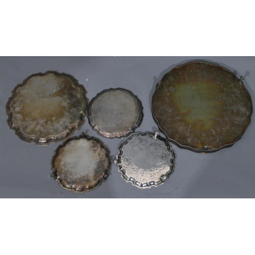 232 - A silver plated round scallop shaped tray with pierced gallery on splayed claw and ball feet, 35.2cm... 