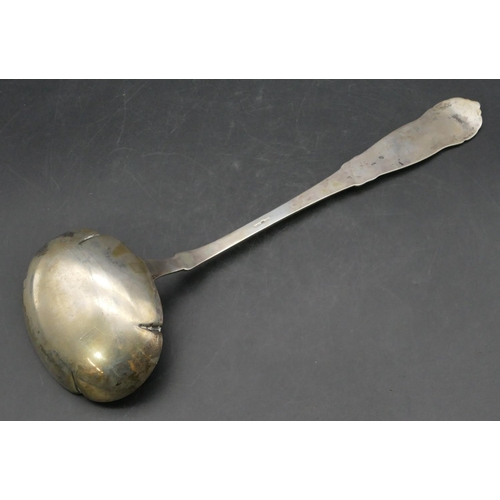 235 - An 830 silver coloured metal Continental soup ladle with embossed floral bud and scroll decoration, ... 