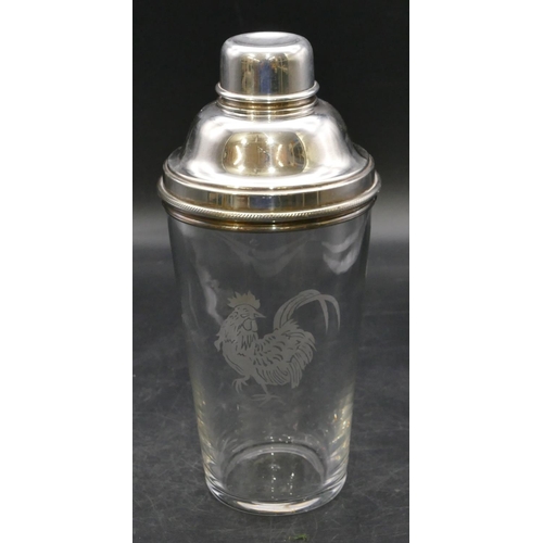 236 - A glass and silver plated cocktail shaker with engraved cockerel motif, 24.5cm high.