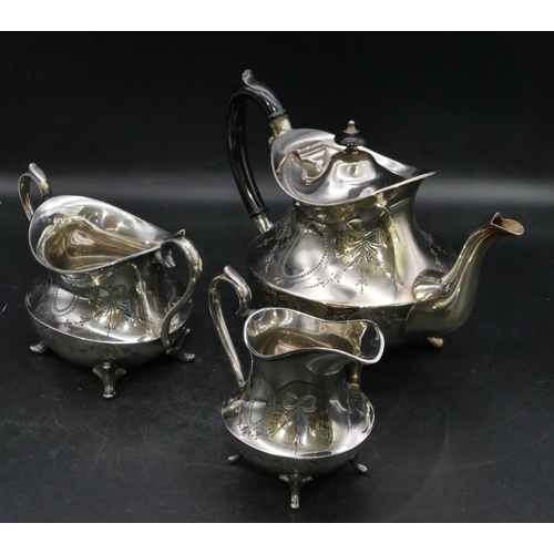 243 - A silver plated oval bulbous shaped tea service on splayed feet with engraved ribbon and swag decora... 