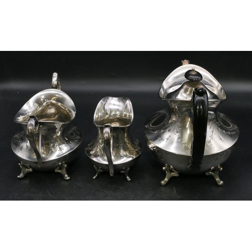 243 - A silver plated oval bulbous shaped tea service on splayed feet with engraved ribbon and swag decora... 