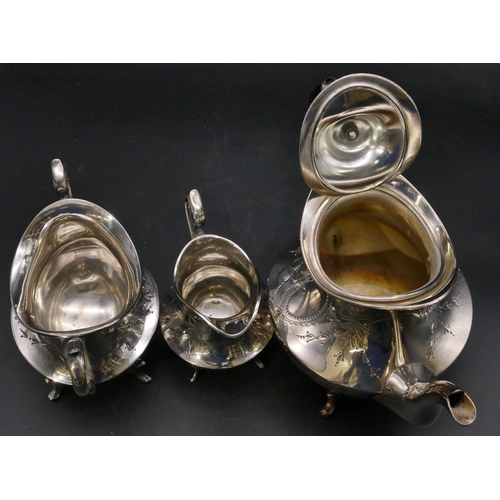 243 - A silver plated oval bulbous shaped tea service on splayed feet with engraved ribbon and swag decora... 