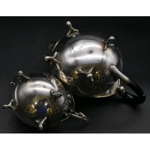 243 - A silver plated oval bulbous shaped tea service on splayed feet with engraved ribbon and swag decora... 