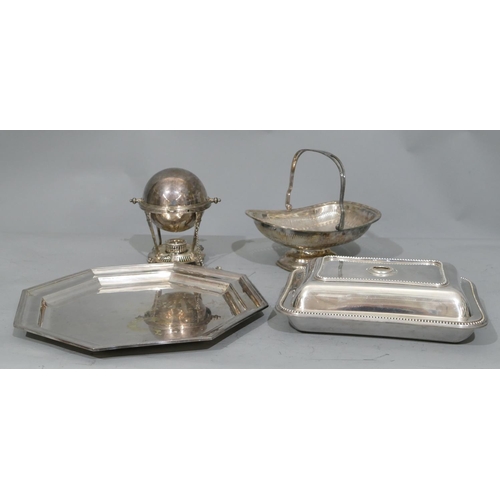 245 - A silver plated circular egg holder with sliding overhead top enclosing tray to interior, with burne... 