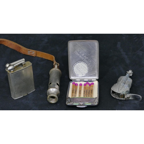 248 - A silver plated novelty vesta case in the form of a cello, a silver plated matchbox case, a Clark 'T... 