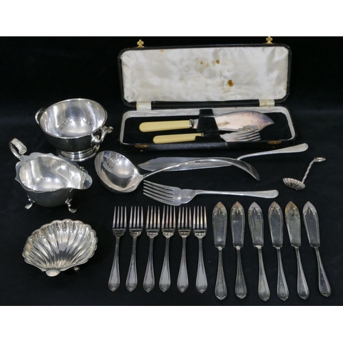 250 - A silver plated shell shaped dish, a plated soup ladle, a pair of plate fish servers, 6 plated fish ... 