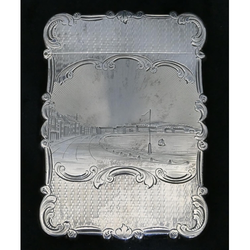 265 - Nathaniel Mills Victorian silver rectangular scallop shaped card case with hinged lid, allover engin... 