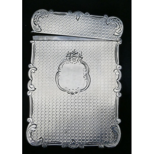 265 - Nathaniel Mills Victorian silver rectangular scallop shaped card case with hinged lid, allover engin... 