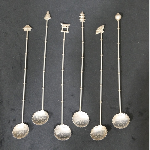 271 - A set of 5 Oriental sterling silver long-handled spoons with various shaped finials, bamboo stems an... 