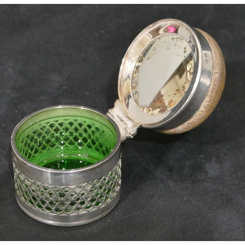 278 - A Birmingham silver cylindrical pot with inner green glass, hinged lid with mirror and pin cushion t... 