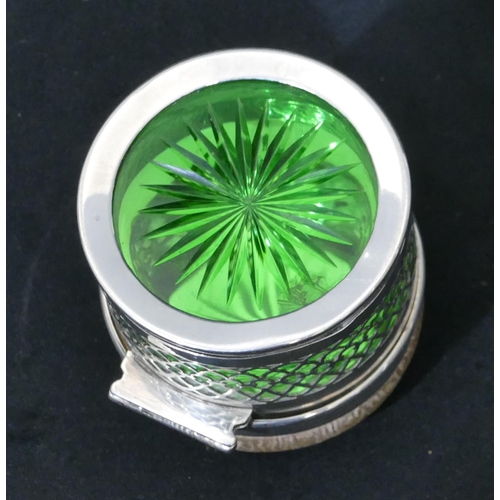 278 - A Birmingham silver cylindrical pot with inner green glass, hinged lid with mirror and pin cushion t... 