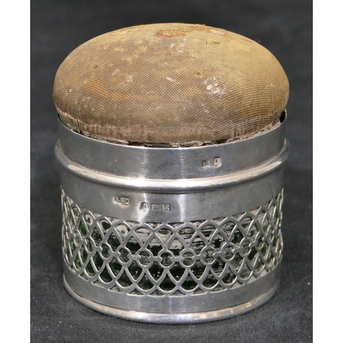 278 - A Birmingham silver cylindrical pot with inner green glass, hinged lid with mirror and pin cushion t... 