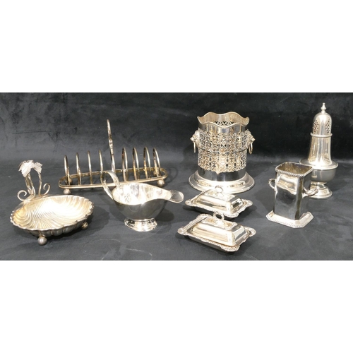 285 - A 9-bar toast rack with ball feet, a plated shell shaped butter dish with scroll handle, a pair of m... 