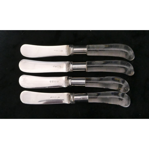 287 - T. Goode & Co. set of 4 glass butter dishes and 4 matching glass and silver plated butter knives, al... 