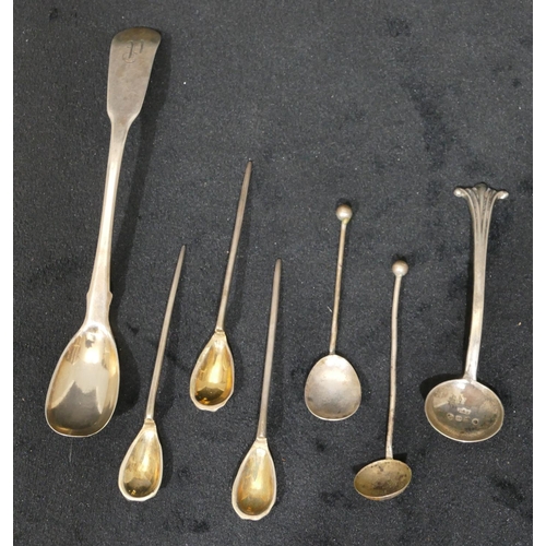 294 - A set of 3 Scottish silver salt spoons with gilt bowls, a Georgian silver mustard spoon and 3 other ... 