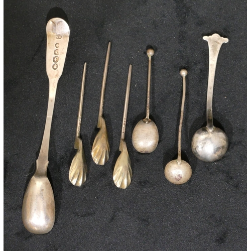 294 - A set of 3 Scottish silver salt spoons with gilt bowls, a Georgian silver mustard spoon and 3 other ... 