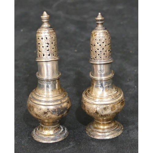 295 - A pair of silver round bulbous shaped pepperpots, a Victorian oval silver salt (no liner), a Birming... 