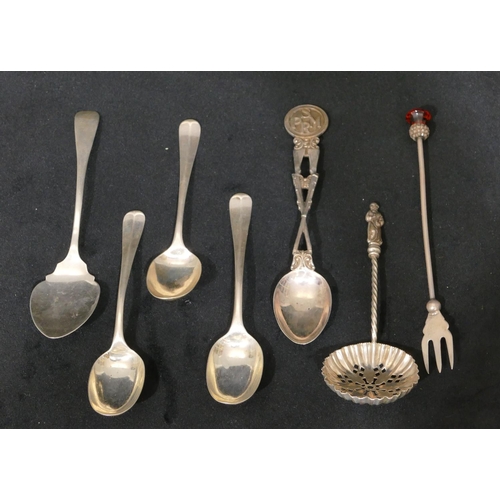 296 - A Birmingham silver shooting teaspoon with rifle shaped stem, a Birmingham silver jam spoon, a Birmi... 