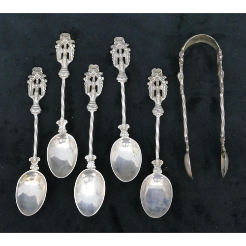 298 - A set of 5 Victorian silver teaspoons, a pair of matching sugar tongs with figure motifs on twist st... 