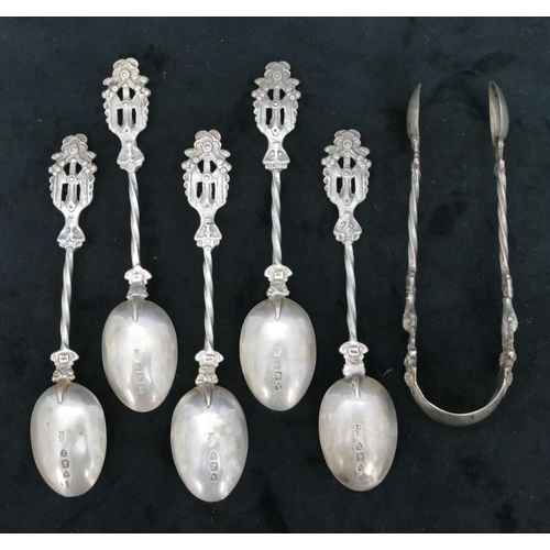 298 - A set of 5 Victorian silver teaspoons, a pair of matching sugar tongs with figure motifs on twist st... 