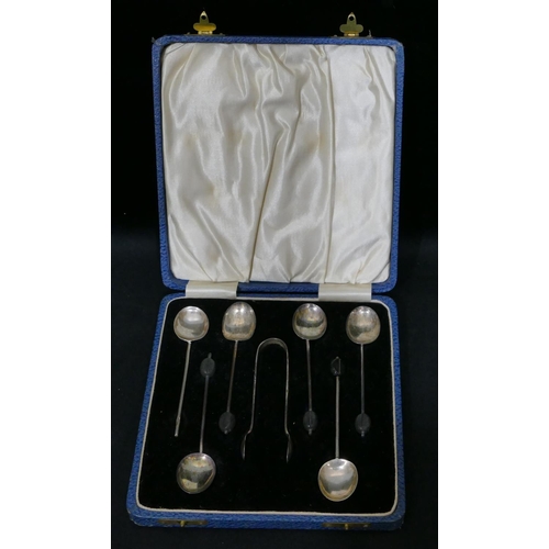 299 - A set of 6 Birmingham silver coffee bean teaspoons, a pair of matching sugar tongs in fitted blue le... 