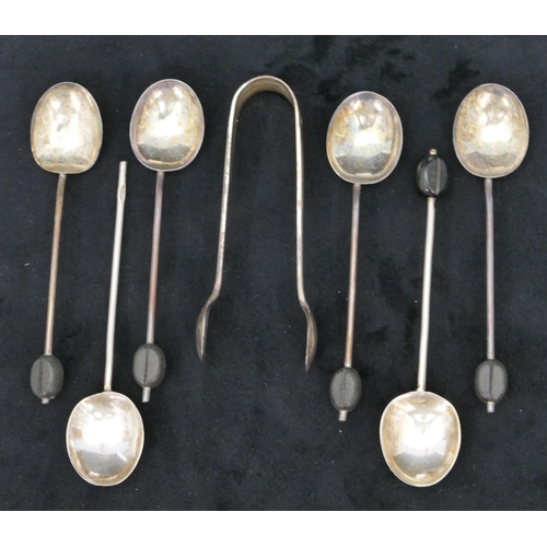 299 - A set of 6 Birmingham silver coffee bean teaspoons, a pair of matching sugar tongs in fitted blue le... 