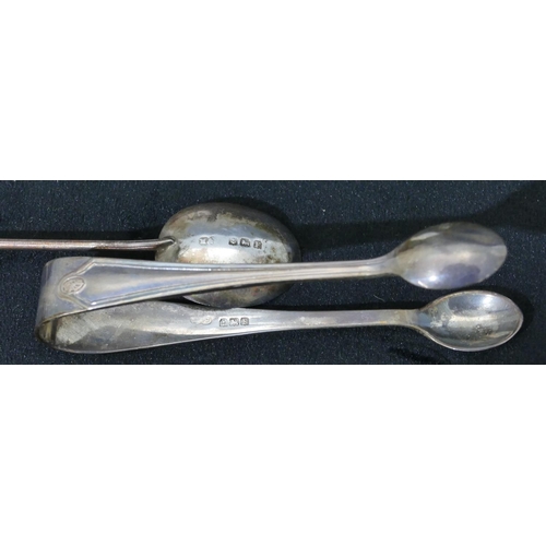 299 - A set of 6 Birmingham silver coffee bean teaspoons, a pair of matching sugar tongs in fitted blue le... 