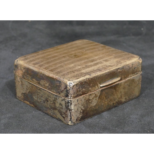 306 - A Birmingham square silver cigarette box with engine turned hinged lid, 9cm wide