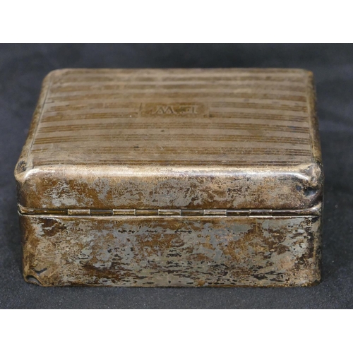 306 - A Birmingham square silver cigarette box with engine turned hinged lid, 9cm wide