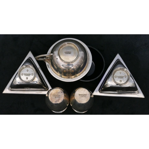 315 - A 5-piece Scottish silver condiment set with ball rims, a pair of triangular shaped salts, a pair of... 