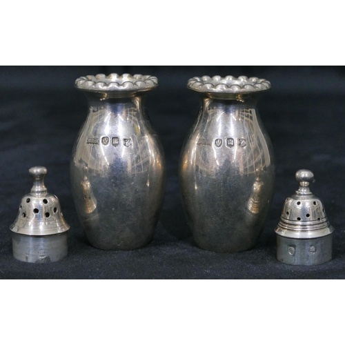 315 - A 5-piece Scottish silver condiment set with ball rims, a pair of triangular shaped salts, a pair of... 