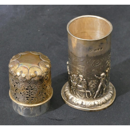 317 - A Victorian silver cylindrical sugar castor with allover embossed classical figure decoration, Chest... 