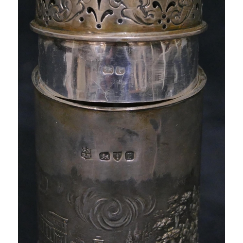 317 - A Victorian silver cylindrical sugar castor with allover embossed classical figure decoration, Chest... 