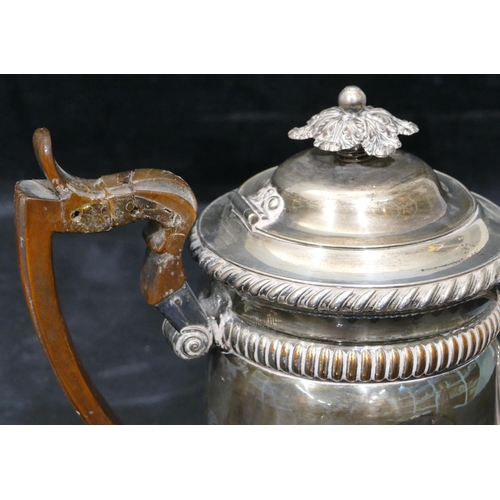 322 - A Sheffield plated teapot with bird's head spout, wooden handle (handle a/f), 21cm high, a pair of h... 