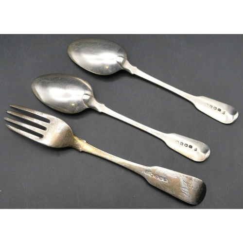 334 - A pair of Georgian silver dessert spoons and a similar Georgian silver fork, 4.7oz. (3)