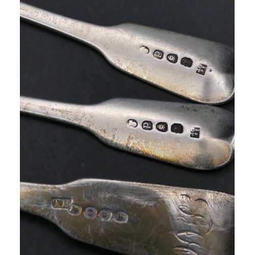 334 - A pair of Georgian silver dessert spoons and a similar Georgian silver fork, 4.7oz. (3)