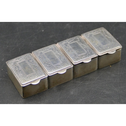 342 - A 925 London silver 4-sectioned pill box with 4 separate hinged lids with engraved decoration, 8.5cm... 