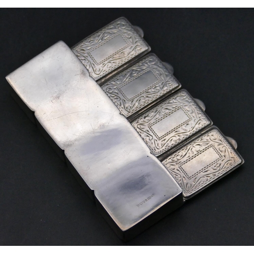 342 - A 925 London silver 4-sectioned pill box with 4 separate hinged lids with engraved decoration, 8.5cm... 