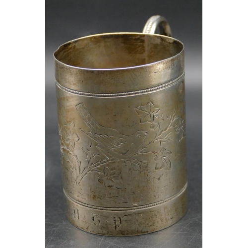 343 - A Victorian Sheffield silver christening mug with engraved decoration, scroll handle, 8cm high, 3.2o... 