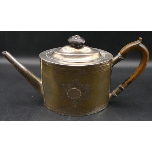 344 - An 18th Century George III oval silver teapot with engraved decoration, wooden handle and finial, Lo... 