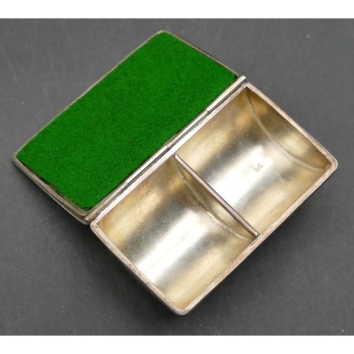 345 - A 925 silver trough shaped double stamp box with hinged lid, ball feet, 5.5cm wide, 1oz.