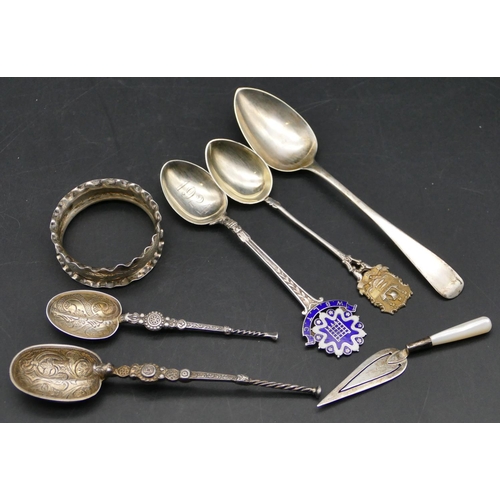 347 - A Chester silver spoon with allover engraved decoration, 4 other silver teaspoons, a silver bookmark... 