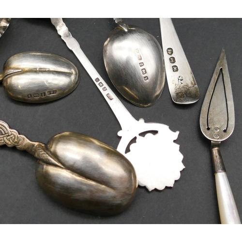 347 - A Chester silver spoon with allover engraved decoration, 4 other silver teaspoons, a silver bookmark... 