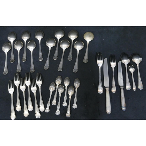 348 - A set of 6 6 Lascelles silver plated soup spoons, 6 matching dessert spoons, 6 dessert forks, 6 king... 